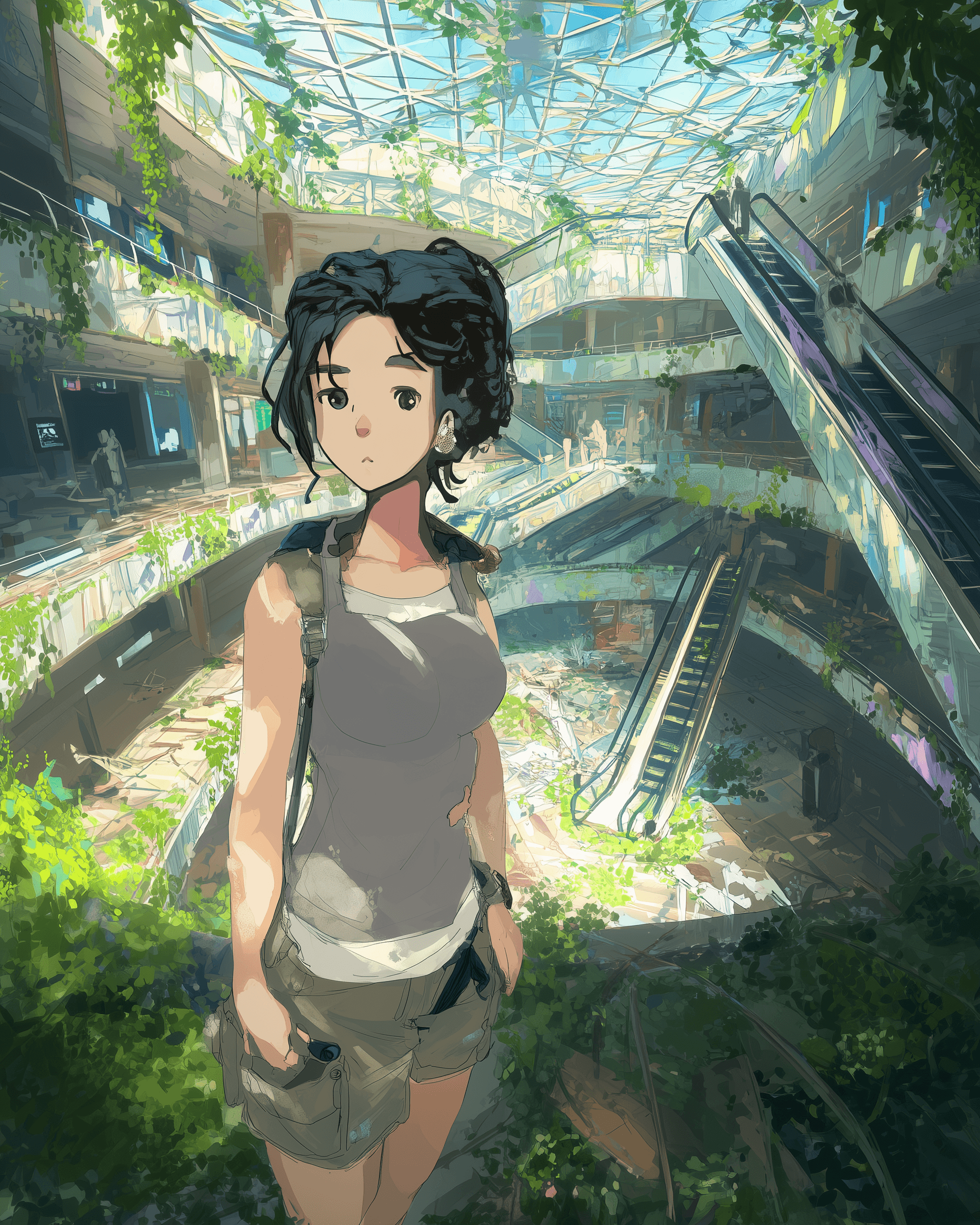 Overgrown abandoned interior of a vast Verath shopping mall, nature reclaiming the space