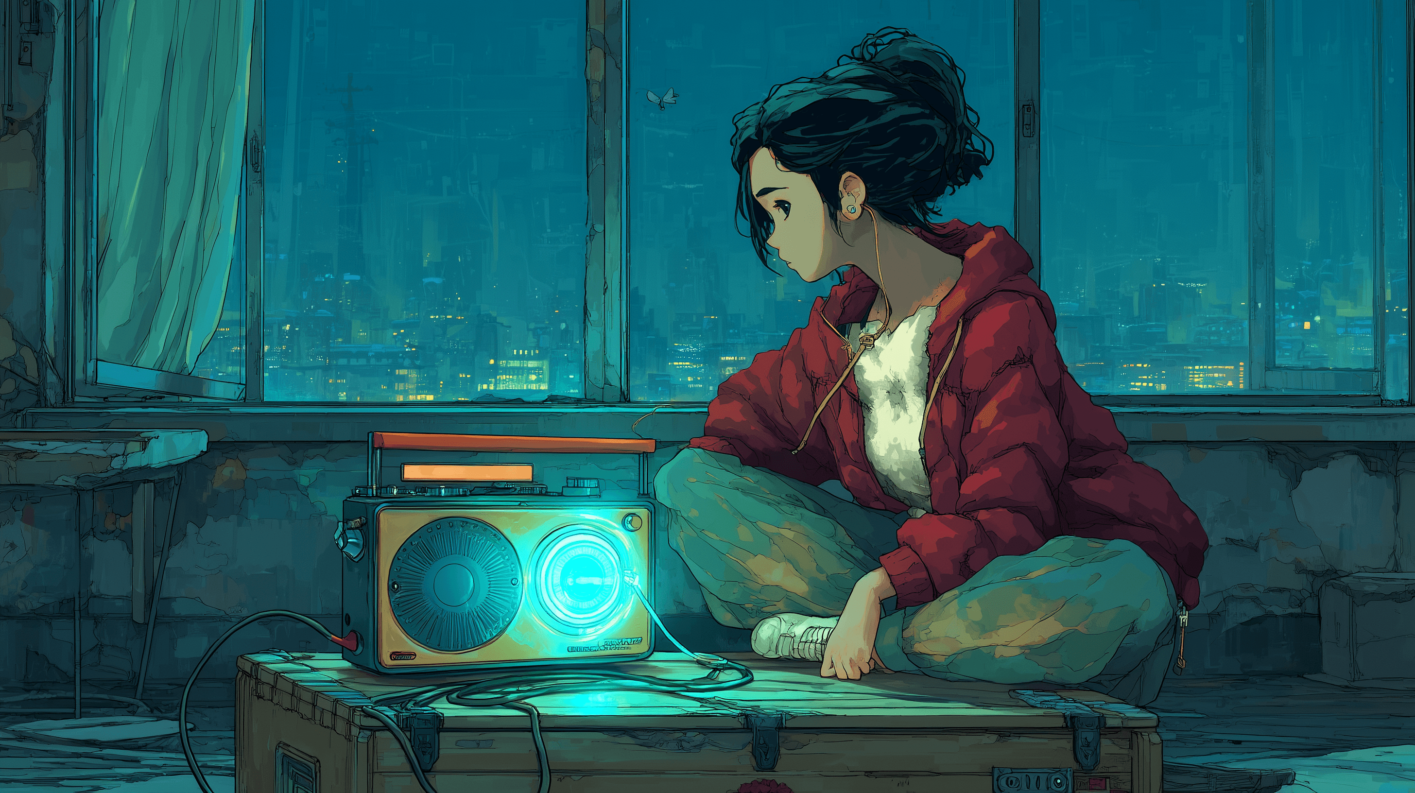 Sally Mar sitting with her glowing radio, city lights at night through the window